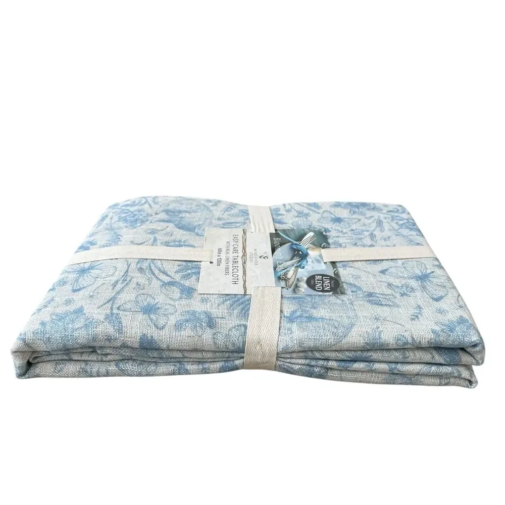 Blooming Easter Blue Bunny Rabbit Floral Tablecloth 60x120 Linen Blend NEW